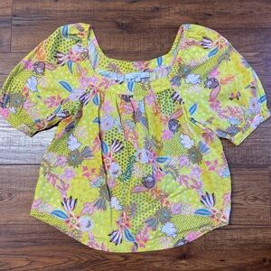 Loft linen blend yellow floral paisley puff sleeve top size medium